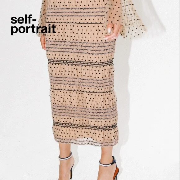 Self Portrait Shirred Polka Dot Midi Dress